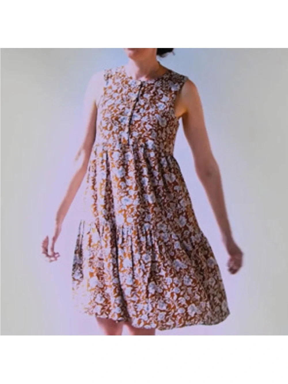dip Sleeveless Floral Tiered Dress in Brown and White